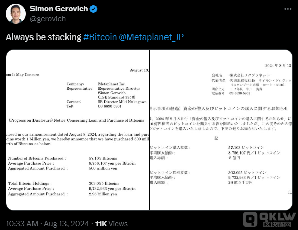 日本Metaplanet公司再購(gòu)5億日元Bitcoin，總持倉(cāng)&nbsp;圖片